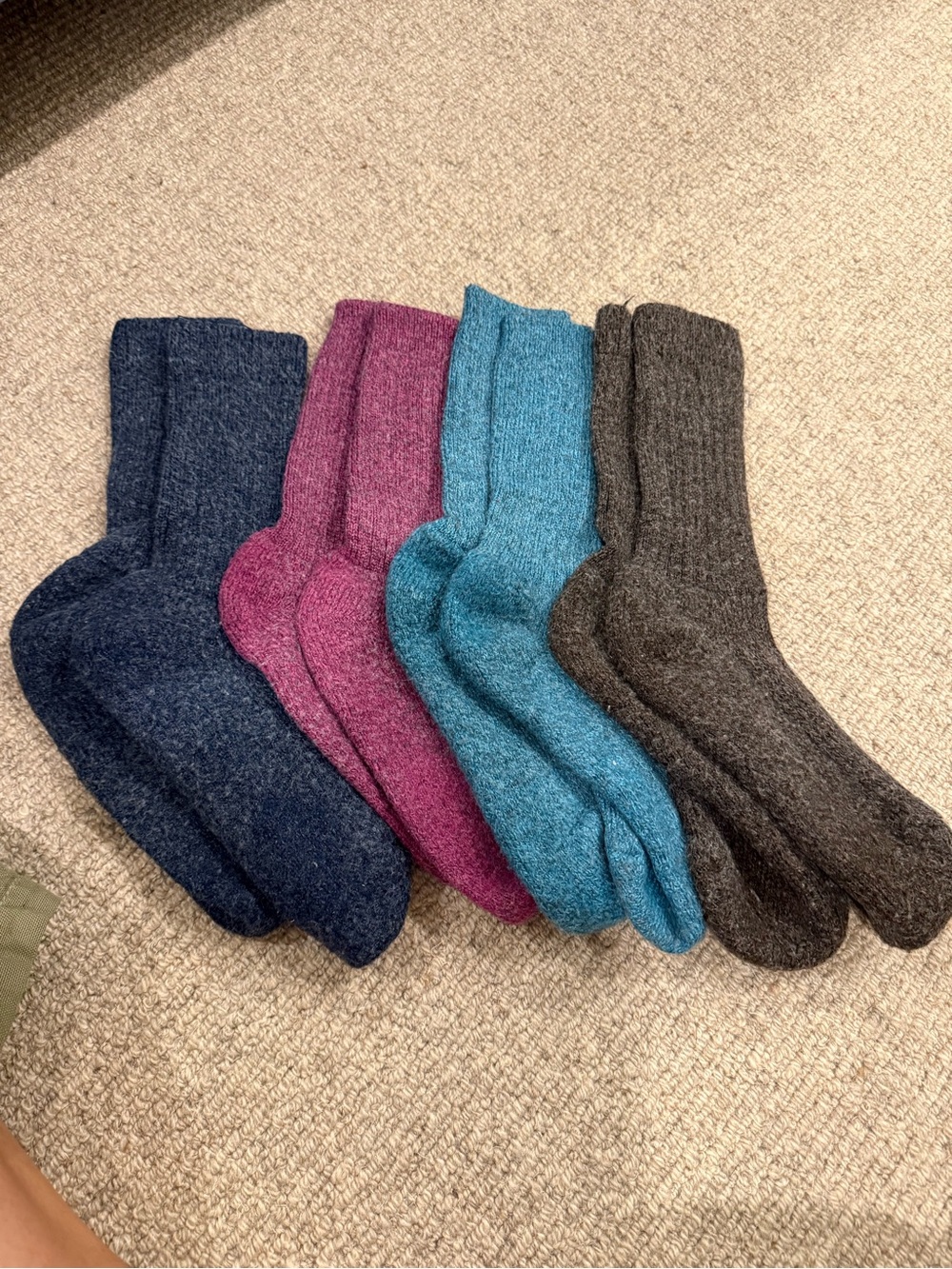 Women’s wool crew socks blue magenta teal and brown